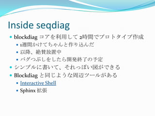 Inside seqdiagblockdiagコアを利用して 2時間でプロトタイプ作成1週間かけてちゃんと作り込んだ以降、絶賛放置中バグつぶしをしたら開発終了の予定シンプルに書いて、それっぽい図ができるBlockdiagと同じような周辺ツールがあるInteractive ShellSphinx 拡張