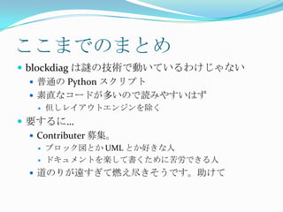 ここまでのまとめblockdiagは謎の技術で動いているわけじゃない普通の Python スクリプト素直なコードが多いので読みやすいはず但しレイアウトエンジンを除く要するに&hellip;Contributer募集。ブロック図とか UML とか好きな人ドキュメントを楽して書くために苦労できる人道のりが遠すぎて燃え尽きそうです。助けて