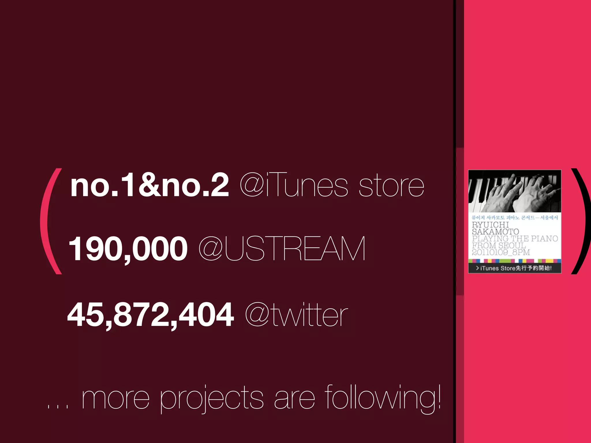 (   no.1&no.2 @iTunes store
    190,000 @USTREAM               )
    45,872,404 @twitter

... more projects are following!
 