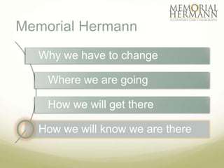 Memorial Hermann
  Why we have to change

    Where we are going

    How we will get there

  How we will know we are there
 