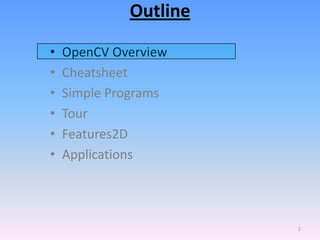 OutlineOpenCV OverviewCheatsheetSimple ProgramsTourFeatures2DApplications2