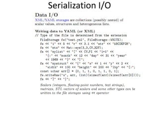 What’s added in December 2010OpenCV 2.2?Detector/Descriptor pipeline (Features2D)Many supporting detectors and descriptor featuresEasy interface to Pascal VOCBOW and Latent SVM classification enginesExperimental User ContribFocus detector?Visualization (“HighGUI”) will be based on QtOfficial support of Android OSUpdated FLANN libraryLimited Cuda support (stereo)