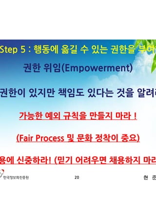 3. Step 5 : 행동에 옮길 수 있는 권한을 부여한다

     권한 위임(Empowerment)

- 권한이 있지만 책임도 있다는 것을 알려라!

     가능한 예외 규칙을 만들지 마라 !

    (Fair Process 및 문화 정착이 중요)

채용에 신중하라! (믿기 어려우면 채용하지 마라!)
                20               현 준 호
 