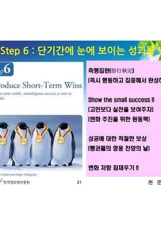 3. Step 6 : 단기간에 눈에 보이는 성과를 낸다
                   즉행집완(卽行執完)
                   (즉시 행동하고 집중해서 완성하라)


                   Show the small success !!
                   (고민보다 실천을 보여주자)
                   (변화 추진을 위한 원동력)


                   성공에 대한 적절한 보상
                   (펭귄들의 영웅 찬양의 날)


                   변화 저항 잠재우기 !!

              21                         현 준 호
 