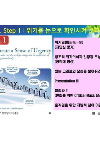 3. Step 1 : 위기를 눈으로 확인시켜 준다
                 위기일발(危機一髮)
                 (자만심 방지)

                 창조적 위기의식과 긴장감 조성
                 (공감대 형성)

                 있는 그래로의 모습을 보여줘라

                 Presentation !!!

                 알려라 !!
                 (변화를 위한 Critical Mass 달성 !)

                 움직임을 위한 자발적 참여 이끌기 !

             8                      현 준 호
 