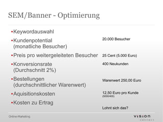 SEM/Banner - Optimierung

 ▪Keywordauswahl
                                        20.000 Besucher
 ▪Kundenpotential
  (monatliche Besucher)
 ▪Preis pro weitergeleiteten Besucher   25 Cent (5.000 Euro)

 ▪Konversionsrate                       400 Neukunden
  (Durchschnitt 2%)
 ▪Bestellungen                          Warenwert 250,00 Euro
  (durchschnittlicher Warenwert)
 ▪Aquisitionskosten                     12,50 Euro pro Kunde
                                        (5000/400)

 ▪Kosten zu Ertrag
                                        Lohnt sich das?

Online-Marketing
 