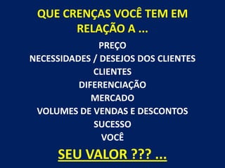 QUE CRENÇAS VOCÊ TEM EM RELAÇÃO A ...PREÇONECESSIDADES / DESEJOS DOS CLIENTES CLIENTESDIFERENCIAÇÃO MERCADO VOLUMES DE VENDAS E DESCONTOSSUCESSOVOCÊSEU VALOR ??? ...