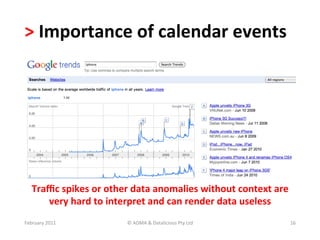 >	
  Importance	
  of	
  calendar	
  events	
  	
  




    Traﬃc	
  spikes	
  or	
  other	
  data	
  anomalies	
  without	
  context	
  are	
  
       very	
  hard	
  to	
  interpret	
  and	
  can	
  render	
  data	
  useless	
  
February	
  2011	
                ©	
  ADMA	
  &	
  Datalicious	
  Pty	
  Ltd	
        16	
  
 