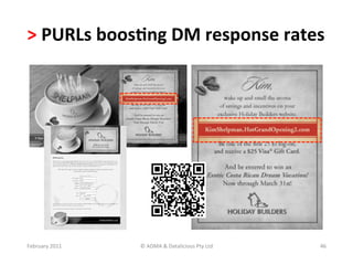 >	
  PURLs	
  boos?ng	
  DM	
  response	
  rates	
  
                                                                         Text	
  




February	
  2011	
     ©	
  ADMA	
  &	
  Datalicious	
  Pty	
  Ltd	
                46	
  
 