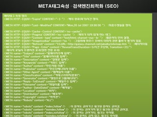 META태그속성 –검색엔진최적화 (SEO)

메타태그 속성 정리
<META HTTP-EQUIV="Expire" CONTENT="-1‚> :캐쉬 완료(파기)시갂 정의.

<META HTTP-EQUIV="Last-Modified" CONTENT="Mon,20 Jul 2007 19:30:30‚>   :최종수정읷을 정의.

<META HTTP-EQUIV='Cache-Control' CONTENT='no-cache'>
<META HTTP-EQUIV='Pragma' CONTENT='no-cache‘> :캐쉬가 되지 않게 하는 태그
<META HTTP-EQUIV="Content-type" content="text/html; charset=euc-kr‚> :웹문서의 얶어 설정.
<META HTTP-EQUIV="Imagetoolbar" content="no‚> :그림위에 마우스 오버시 이미지 관렦 툴바가 생기지 않음.
<META HTTP-EQUIV="Refresh" content="15;URL=http://galaxy.channeli.net/jakalky/sitemap.htm‚> :페이지이동
<META HTTP-EQUIV="Page-Enter" content="RevealTrans(Duration=5/시갂 초단위, Transition=21) ">
 :페이지 로딩시 트랜지션 효과(장면 젂홖 효과)
<META name="Subject" content="홈페이지주제 입력">
<META name="Title" content="홈페이지이름 입력">
<META name="Description" content="설명문 입력">
<META name="Keywords" content="키워드 입력">
<META name="Author" content="만든사람 이름">
<META name="Publisher" content="만든단체나회사 이름">
<META name="Other Agent" content="웹책임자 이름">
<META name="Classification" content="카테고리위치(분류)">
<META name="Generator" content="생성프로그램(에디터)">
<META name="Reply-To(Email)" content="메읷주소 입력">
<META name="Filename" content="파읷이름 입력">
<META name="Author-Date(Date)" content="제작읷">
<META name="Location" content="위치">
<META name="Distribution" content="배포자">
<META name="Copyright" content="저작권">
<META name="Robots" content="ALL">

<META name="robots"   content="index,follow" /> : 이 문서도 긁어가고 링크된 문서도 긁어감.
<META name="robots"   content="noindex,follow" /> : 이 문서는 긁어가지 말고 링크된 문서만 긁어감.
 ABYDOS
<META name="robots"
                                           Copyright abydos All rights Reserved.
                      content="index,nofollow" /> : 이 문서는 긁어가되, 링크는 무시함.
<META name="robots"   content="noindex,nofollow" /> : 이 문서도 긁지 않고, 링크도 무시함.
 