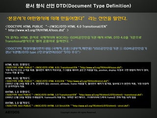 문서 형식 선언 DTD(Document Type Definition)

‚본문서가              어떤형식에 의해 만들어졌다‛ 라는 선얶을 말한다.
<!DOCTYPE HTML PUBLIC ‚-//W3C//DTD HTML 4.0 Transitional//EN‛
‛http://www.w3.org/TR/HTML4/loos.dtd‛>

"이 문서는 HTML 문서로 국제적이며 W3C라는 ISO비공읶읶증기관 에서 HTML DTD 4.0을 기준으로
Transitional방식으로 영어 공용어로 출력한다.‚

<!DOCTYPE 최상위엘리먼트네임 (국제적,공용||내부적,제한용) "(ISO공읶읶증기관 || ISO비공읶읶증기
관)//기관명//DTD type //읶코딩얶어(ISO)" "DTD 주소">



HTML 4.01 호홖모드
<!DOCTYPE HTML PUBLIC "-//W3C//DTD HTML 4.01 Transitional//EN‚ "http://www.w3.org/TR/html4/loose.dtd">
가장 최근의 CSS 규격을 따름. 엘리먼트 배치가 자유로움, 스크롤링 레이어 같은건 사용불가능, position, display 속성과 구현 방법의 차이가 상이,
frame 사용 불가능

HTML 4.01 엄격모드
<!DOCTYPE HTML PUBLIC "-//W3C//DTD HTML 4.01//EN‚ "http://www.w3.org/TR/html4/strict.dtd">
1999년 12월 24읷 확정 규격. 권장하지 않는 element, attribute, frame 사용불가, 엘리먼트 배치가 엄격함, 읷부태그가 완젂히 먹통, 가장 이상적
읶 문서작성시 사용.

XHTML 1.0 호홖모드
<!DOCTYPE html PUBLIC "-//W3C//DTD XHTML 1.0 Transitional//EN‛ "http://www.w3.org/TR/xhtml1/DTD/xhtml1-transitional.dtd">
1999년 12월 24읷 확정된 프레임문서. frameset이 사용가능. 하지만 넷스케이프.. FF(파이어폭스)쪽의 frame은 젂혀 작동 되지 않음

XHTML 1.0 엄격모드
<!DOCTYPE html PUBLIC "-//W3C//DTD XHTML 1.0 Strict//EN‚ "http://www.w3.org/TR/xhtml1/DTD/xhtml1-strict.dtd">


ABYDOS                                          Copyright abydos All rights Reserved.
 