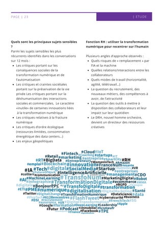| ETUDEPAGE | 23
Les critiques portant sur les
conséquences sociales de la
transformation numérique et de
l’automatisation
Les critiques et craintes sociétales
portant sur la préservation de la vie
privée Les critiques portant sur la
déshumanisation des interactions
sociales et commerciales, Le caractère
«inutile» de certaines innovations liées
à la transformation numérique
Les critiques relatives à la fracture
numérique
Les critiques d’ordre écologique
(ressources limitées, consommation
énergétique des data centers…)
Les enjeux géopolitiques
Quels sont les principaux sujets sensibles
?
Parmi les sujets sensibles les plus
récurrents identifiés dans les conversations
sur 12 mois : Quels risques de « remplacement » par
l’IA et la machine
Quelles relations/interactions entre les
collaborateurs
Quels modes de travail (horizontalité,
agilité, télétravail…)
La question du recrutement, des
nouveaux métiers, des compétences à
avoir, de l’attractivité
La question des outils à mettre à
disposition des collaborateurs et leur
impact sur leur quotidien
Le DRH, nouvel homme orchestre,
devient un directeur des ressources
créatives
Fonction RH : utiliser la transformation
numérique pour recentrer sur l’humain
Plusieurs angles d’approche observés :
 