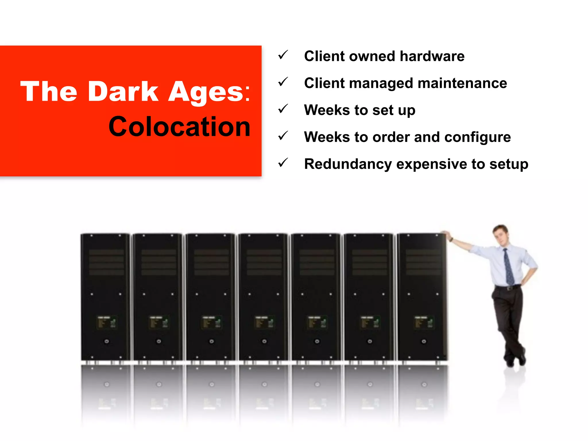    Client owned hardware

The Dark Ages:       Client managed maintenance
                     Weeks to set up
     Colocation      Weeks to order and configure
                     Redundancy expensive to setup
 