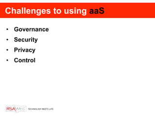 Challenges to using aaS

• Governance
• Security
• Privacy
• Control
 