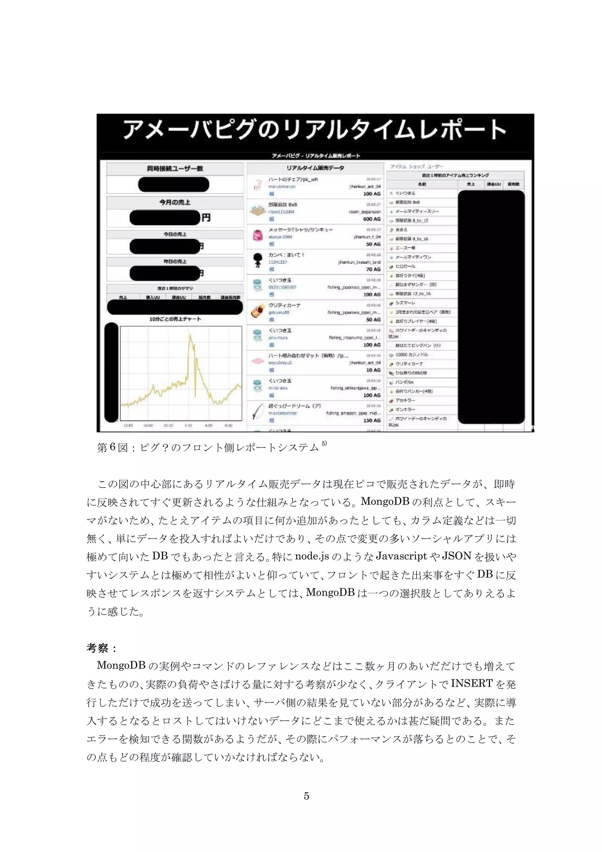 5)
 第 6 図：ピグ？のフロント側レポートシステム


 この図の中心部にあるリアルタイム販売データは現在ピコで販売されたデータが、即時
に反映されてすぐ更新されるような仕組みとなっている。MongoDB の利点として、スキー
マがないため、たとえアイテムの項目に何か追加があったとしても、カラム定義などは一切
無く、単にデータを投入すればよいだけであり、その点で変更の多いソーシャルアプリには
極めて向いた DB でもあったと言える。特に node.js のような Javascript や JSON を扱いや
すいシステムとは極めて相性がよいと仰っていて、フロントで起きた出来事をすぐ DB に反
映させてレスポンスを返すシステムとしては、MongoDB は一つの選択肢としてありえるよ
うに感じた。


考察：
 MongoDB の実例やコマンドのレファレンスなどはここ数ヶ月のあいだだけでも増えて
きたものの、実際の負荷やさばける量に対する考察が少なく、クライアントで INSERT を発
行しただけで成功を送ってしまい、サーバ側の結果を見ていない部分があるなど、実際に導
入するとなるとロストしてはいけないデータにどこまで使えるかは甚だ疑問である。また
エラーを検知できる関数があるようだが、その際にパフォーマンスが落ちるとのことで、そ
の点もどの程度が確認していかなければならない。


                             5
 