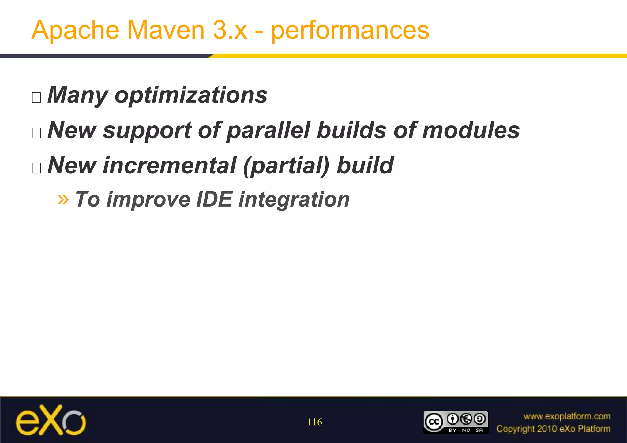 Distribution ManagementWhereyouwant to uploadreleasedbinariesThe url of a repositorydedicated for yourproject/corporatemavendeliveries in yourrepository manager<project> <distributionManagement>  <repository>   <id>repository.acme.com</id>   <url>${acme.releases.repo.url}</url>  </repository> . . . </distributionManagement> . . .  <properties>  <acme.releases.repo.url>http://repo.acme.com/acme-releases</acme.releases.repo.url>  . . . </properties></project>This id willbeused in user’smaven settings (~/.m2/settings.xml)Oftenuseful to have a property to test the release process on a fakerepository, to validate a repo manager ...
