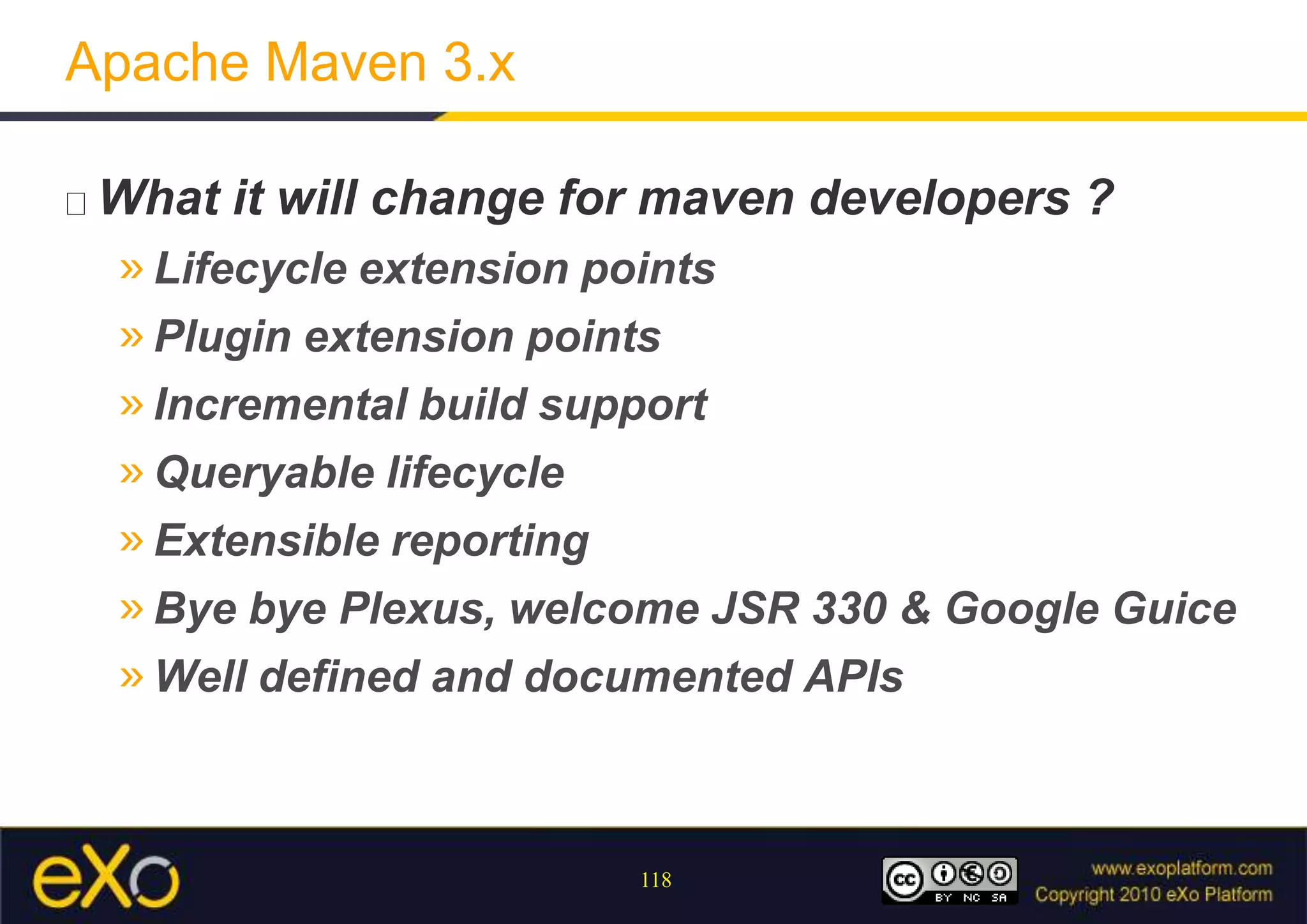 Default Release Profile in Super POMThis profile isusedwhenyougeneratebinaries of the release with “mvnrelease:perform”By default, generates sources and javadocs jars for each module.<profile> <id>release-profile</id> <activation>  <property>   <name>performRelease</name>   <value>true</value>  </property> </activation> <build>  <plugins>  ...  </plugins> </build></profile>This activation couldbeused in profiles youwant to activate in the release processConfiguration to generate sources and javadoc jars with basic setting