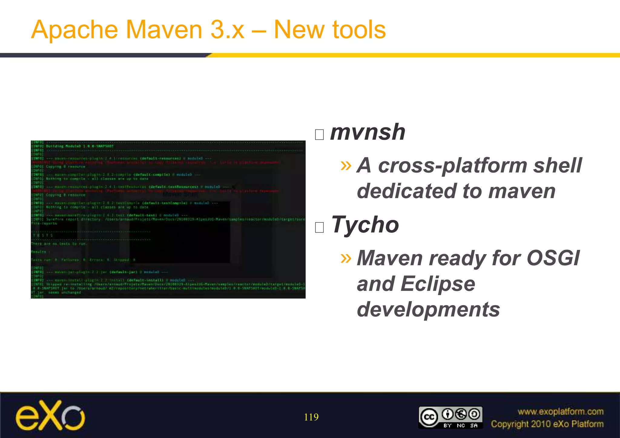 Custom release profile<project> ... <build>  <pluginManagement>   <plugins>    <plugin>     <groupId>org.apache.maven.plugins</groupId>     <artifactId>maven-release-plugin</artifactId>     <version>2.0</version>     <configuration>      <useReleaseProfile>false</useReleaseProfile>      <releaseProfiles>myreleaseprofile</releaseProfiles>     </configuration>    </plugin>   </plugins>  </pluginManagement> </build> ... <profiles>  <profile>   <id>myreleaseprofile</id>   <build>    ...   </build>  </profile> </profiles> ...</project>Don’t use the default profileUse ourcustomized profileOur customized profileCustomize the behavior of the build for a releaseTake care to test isbefore the release !!