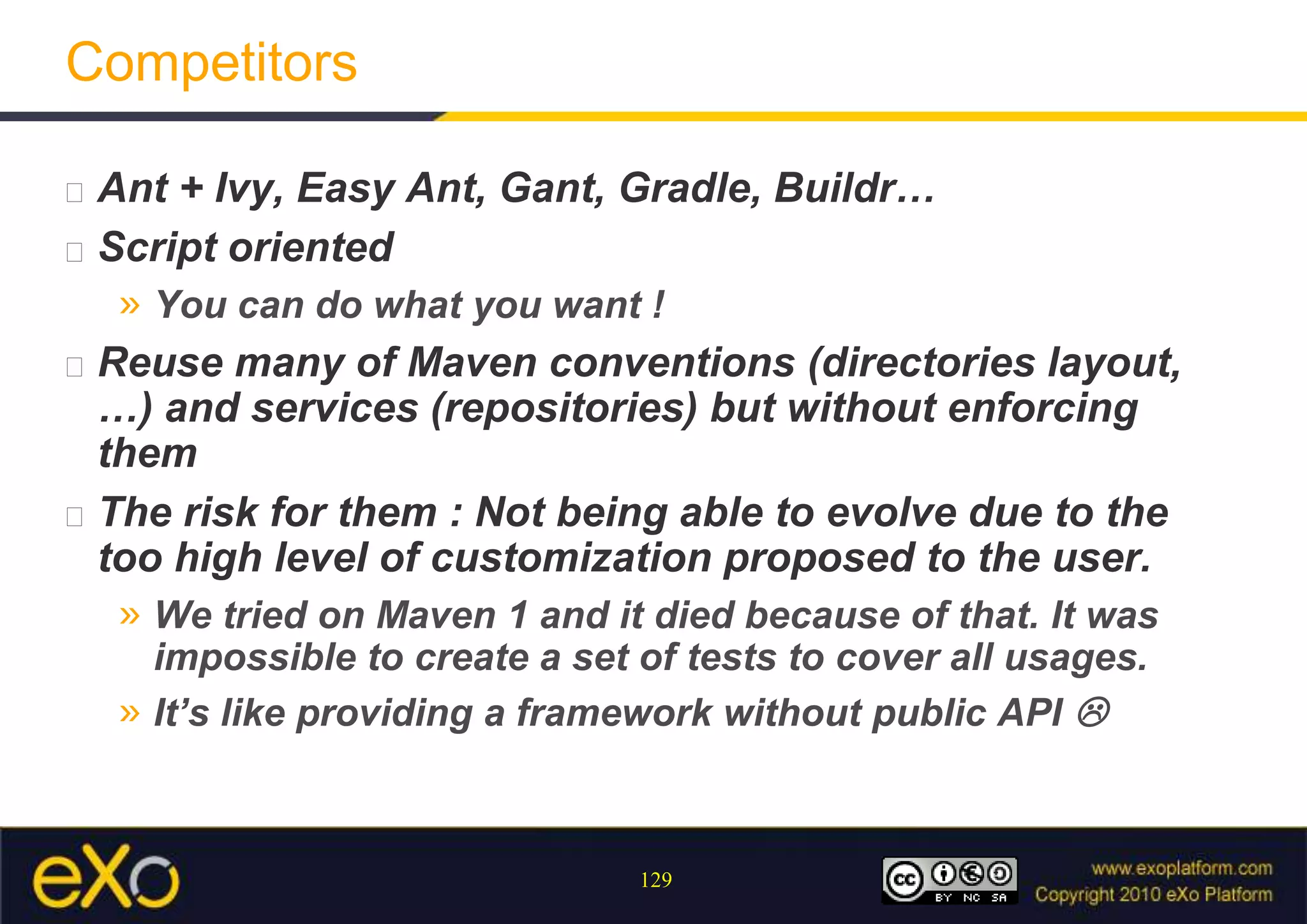 Apache Maven 3.x - robustnessError & integrity reportingMuch improved error reporting where we will provide links to each identifiable problem we know of. There are currently 42 common things that can go wrong.Don't allow builds where versions come from non-project sources like local settings and CLI parametersDon't allow builds where versions come from profiles that have to be activated manuallyBackward compatibilitySeveral thousands of integration tests