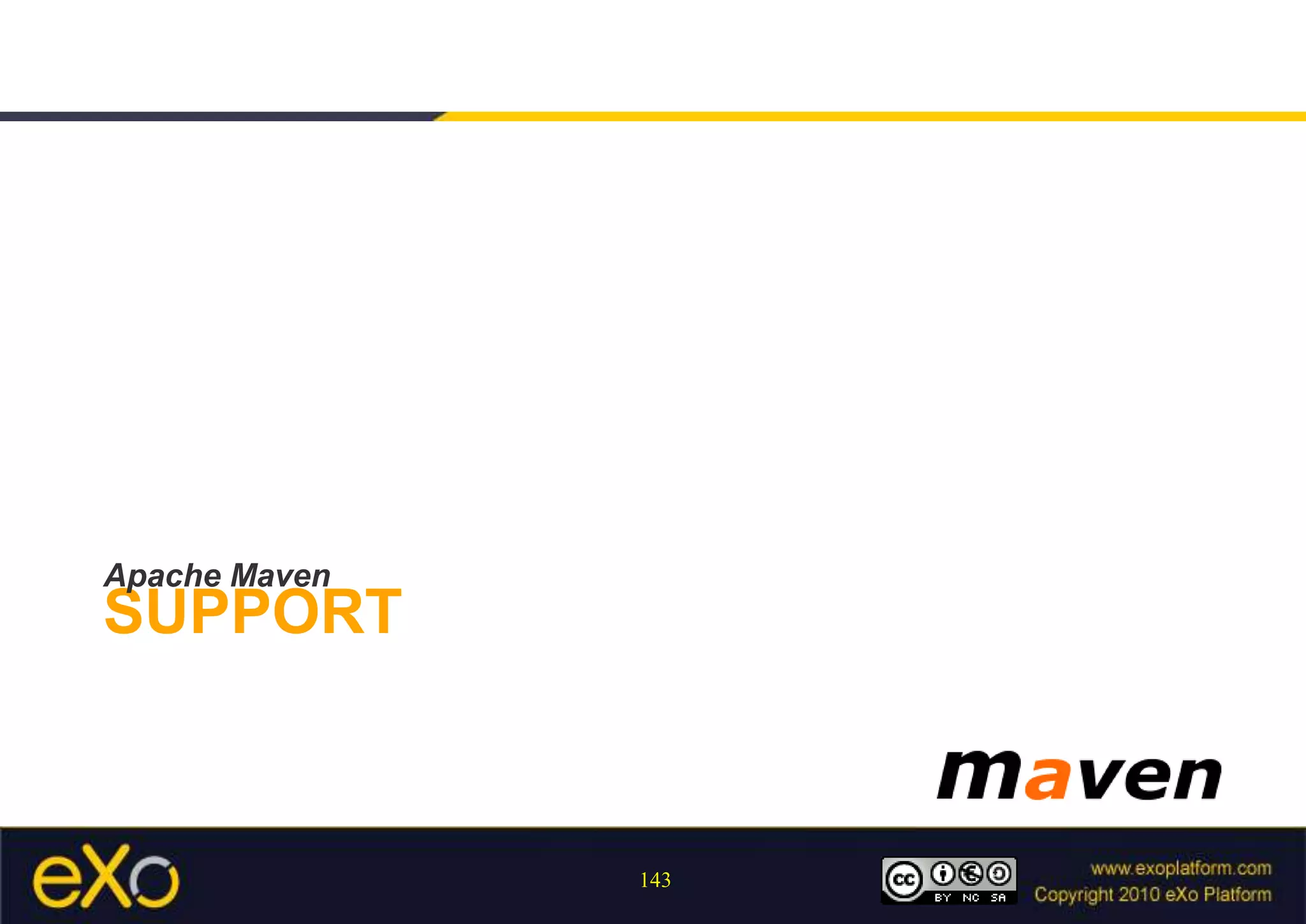CompetitorsAnt + Ivy, Easy Ant, Gant, Gradle, Buildr…Script orientedYou can do what you want !Reuse many of Maven conventions (directories layout, …) and services (repositories) but without enforcing themThe risk for them : Not being able to evolve due to the too high level of customization proposed to the user. We tried on Maven 1 and it died because of that. It was impossible to create a set of tests to cover all usages.It’s like providing a framework without public API 