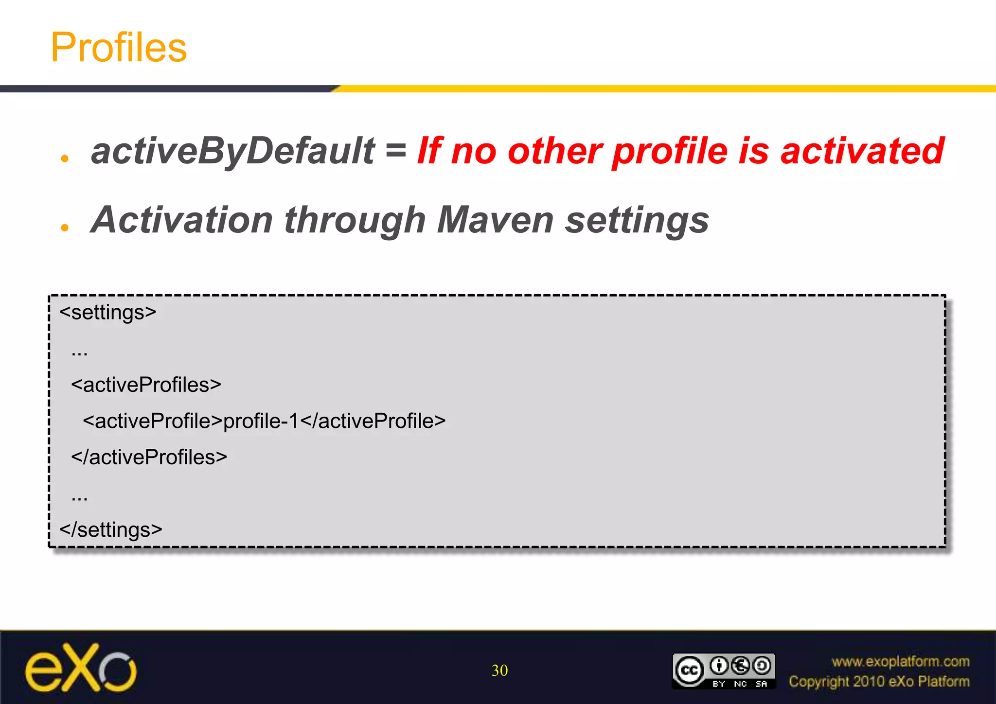 Activation throughMaven settings<settings>  ...  <activeProfiles>    <activeProfile>profile-1</activeProfile>  </activeProfiles>  ...</settings>
