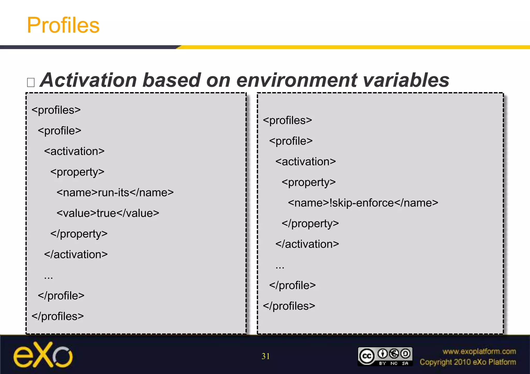 ProfilesActivation based on environment variables<profiles>  <profile>    <activation>      <property>        <name>!skip-enforce</name>      </property>    </activation>    ...  </profile></profiles><profiles>  <profile>    <activation>      <property>        <name>run-its</name>        <value>true</value>      </property>    </activation>    ...  </profile></profiles>