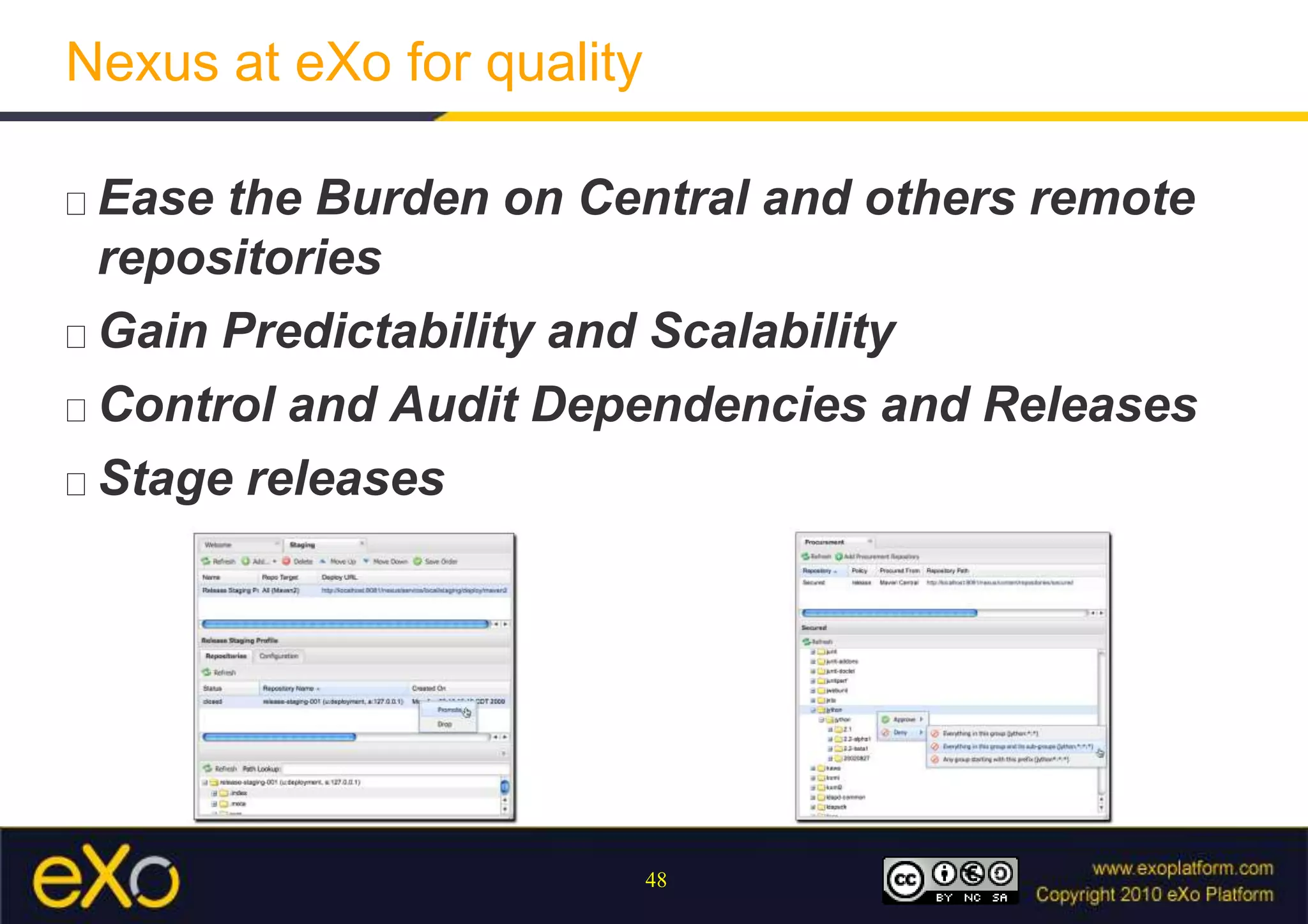 Nexus at eXo for qualityEase the Burden on Central and others remote repositoriesGain Predictability and ScalabilityControl and Audit Dependencies and ReleasesStage releases