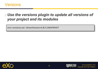 ProfilesAllow to modify the default behavior of Maven by overriding/adding some settingsUse mvnhelp:active-profilesto debugExplicit activation or deactivationmvn <phases or goals>   -PprofileId1,-profileId2   -P!profileId3