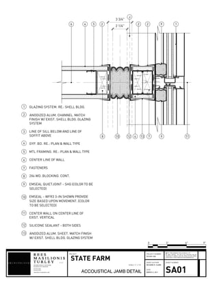 2 1/4"
3 3/4"
GLAZING SYSTEM. RE.: SHELL BLDG.
ANODIZED ALUM. CHANNEL. MATCH
FINISH W/ EXIST. SHELL BLDG. GLAZING
SYSTEM
LINE OF SILL BELOW AND LINE OF
SOFFIT ABOVE
GYP. BD. RE.: PLAN & WALL TYPE
MTL FRAMING. RE.: PLAN & WALL TYPE
CENTER LINE OF WALL
FASTENERS
2X4 WD. BLOCKING. CONT.
EMSEAL QUIETJOINT - SHG (COLOR TO BE
SELECTED)
EMSEAL - WFR3 3-IN SHOWN PROVIDE
SIZE BASED UPON MOVEMENT. (COLOR
TO BE SELECTED)
CENTER WALL ON CENTER LINE OF
EXIST. VERTICAL
SILICONE SEALANT - BOTH SIDES
ANODIZED ALUM. SHEET. MATCH FINISH
W/ EXIST. SHELL BLDG. GLAZING SYSTEM
1
2
3
4
5
6
7
8
9
10
11
12
3
4 56
78 910 11
22 9
12
4 1312
13
908 BROADWAY 6THFLOOR
L L C
KANSAS CITY MO64105
816.842.1878
816.842.1292
ARCHITECTURERMT.COM
SHEET AUTHOR
DATE
SHEET NUMBER
All rights reserved. No part of this document may be
reproduced or utilized in any form without the prior written
authorization of Rees Masilionis Turley Architecture, LLC.
c 2011 Rees Masilionis Turley Architecture, LLC
PROJECT NUMBERPROJECT
STATE FARM
ACCOUSTICAL JAMB DETAIL
2010331.002
RICHARD R. CLARK
MARCH 2, 2011 SA01
0 3" 9"6"
SCALE 3" = 1'-0"
 