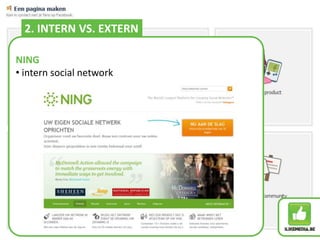 pagina: externe communicatie2. INTERN VS. EXTERNLINKEDINopen en gesloten groepen2. INTERN VS. EXTERNNING intern socialnetwork2. INTERN VS. EXTERNTWITTERExternemicroblogYAMMERInternemicroblog Je organisatie als een ‘soap’ verkopen
