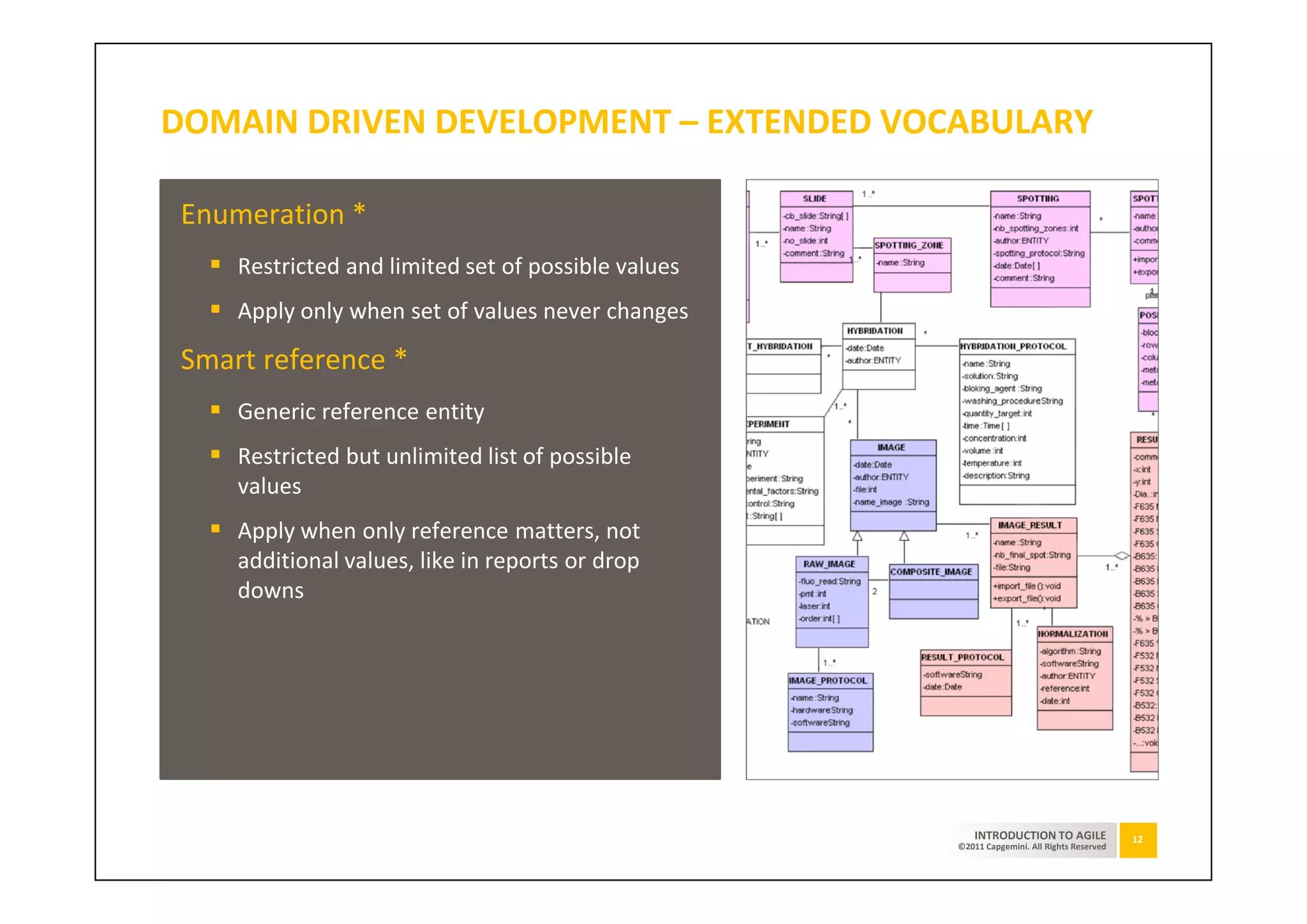 DOMAIN DRIVEN DEVELOPMENT – EXTENDED VOCABULARY

 Enumeration *
     Restricted and limited set of possible values
     Apply only when set of values never changes

 Smart reference *
     Generic reference entity
     Restricted but unlimited list of possible
     values
     Apply when only reference matters, not
     additional values, like in reports or drop
     downs




                                                         INTRODUCTION TO AGILE              12
                                                     ©2011 Capgemini. All Rights Reserved
 