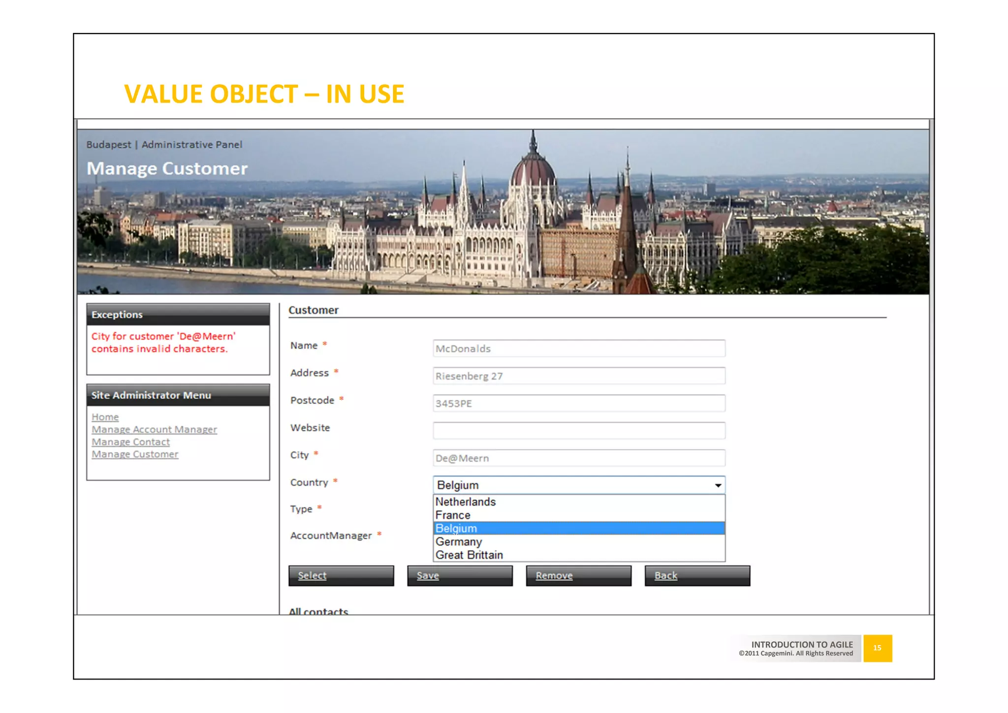 VALUE OBJECT – IN USE




                            INTRODUCTION TO AGILE              15
                        ©2011 Capgemini. All Rights Reserved
 