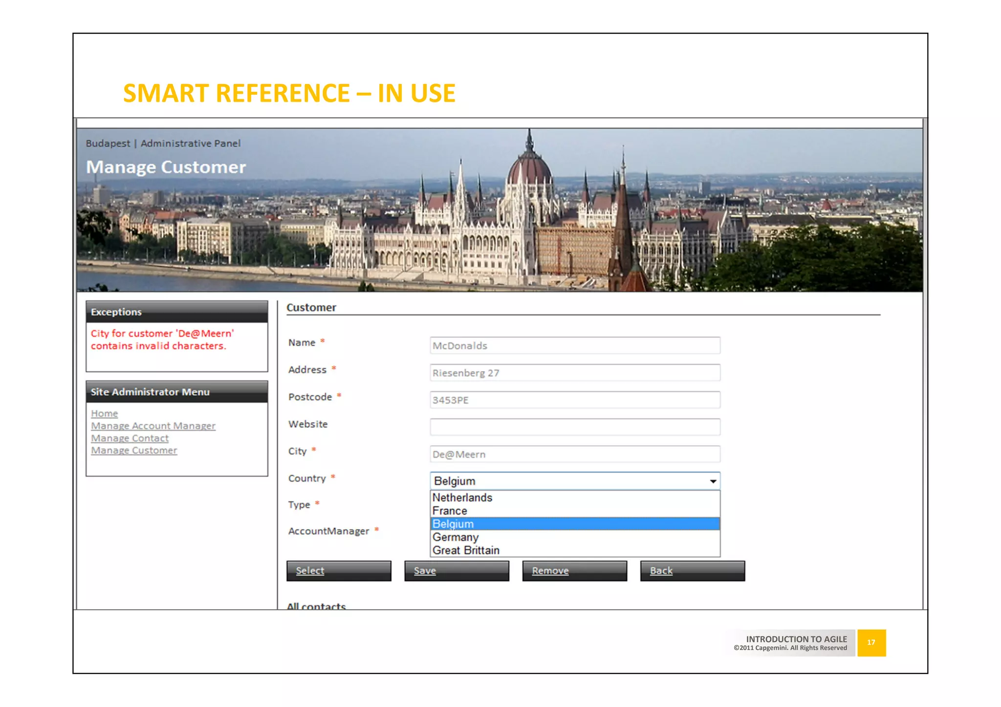 SMART REFERENCE – IN USE




                               INTRODUCTION TO AGILE              17
                           ©2011 Capgemini. All Rights Reserved
 
