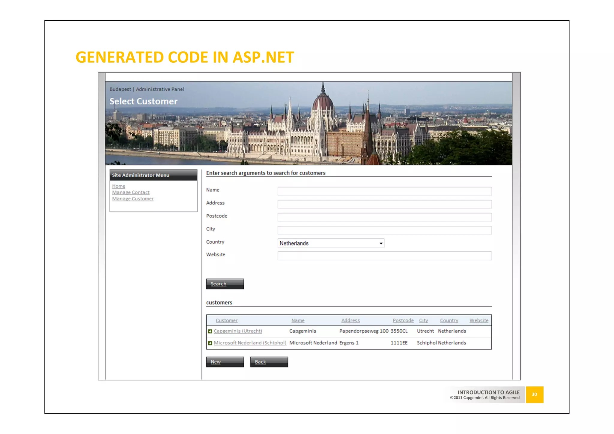 GENERATED CODE IN ASP.NET




                                INTRODUCTION TO AGILE              30
                            ©2011 Capgemini. All Rights Reserved
 