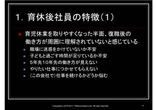 １．育休後社員の特徴（１）
 育児休業を取りやすくなった半面、復職後の
 働き方が周囲に理解されていないと感じている
 職場に迷惑をかけていないか不安
 子どもと過ごす時間が足りているか不安
 ５年先１０年先の働き方が見えない
 やりたい仕事につかせてもらえない
 （この会社で）仕事を続けるかどうか悩む




      Copyright(c) 2010,2011 1995consultant.com. All right reserved.   4
 