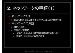 ２．ネットワークの種類（１）
 ネットワークとは
  協力し何かを成し遂げるための人と人との結びつき
 ネットワークの分類
  社内／社外
  受動的／能動的
   受動的：与えられるもので自分の意思では選べない
   能動的：自分の好みで選択できる




       Copyright(c) 2010,2011 1995consultant.com. All right reserved.   6
 