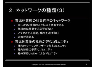２．ネットワークの種類（３）
 育児休業後の社員向きのネットワーク
  同じような境遇の人と悩みを共有できる
  物理的に移動する必要がない
  アクセスする時間、場所を選ばない
  本音が言える
 育児休業後の社員が好むコミュニティ
  社内のワーキングマザーで作るコミュニティ
  社内SNSの子育てコミュニティ
  社外SNS、twitterによるコミュニティ


        Copyright(c) 2010,2011 1995consultant.com. All right reserved.   8
 