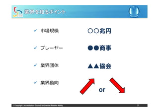 市場規模                            ○○兆円

                                  プレーヤー                           ●●商事

                                  業界団体                            ▲▲協会
                                                                    協会

                                  業界動向
                                                                   ｏｒ

© Copyright Accreditation Council for Internet Retailer Ability          15
 