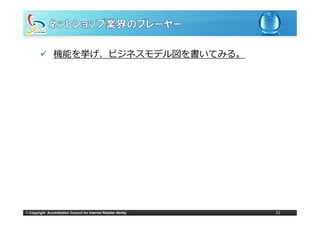機能を挙げ、ビジネスモデル図を書いてみる。




© Copyright Accreditation Council for Internet Retailer Ability   21
 