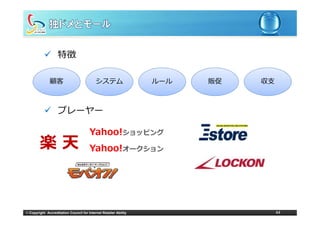 特徴

              顧客                           システム                   ルール   販促   収⽀



                   プレ ヤ
                   プレーヤー

                                       Yahoo!ショッピング
        楽天                             Yahoo!オークション




© Copyright Accreditation Council for Internet Retailer Ability                   44
 