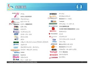 アイル                                    ディスコ

                           あきない総合研究所                              デジタルハリウッド

                           アルトビジョン                                株式会社ドゥ・ハウス

                           ECパートナーズ                               TradeSafe

                           Eコマース戦略研究所                             ナチュラム・イーコマース

                           ECポータル                                 ⽇本企業開発⽀援

                           Ｅストアー                                  ⽇本電⼦商取引事業振興財団（J‐FEC)

                           インテリジェンス                               ネオジャパン

                           エイチ・アイ・エス                              パソナ

                           オイシックス                                 パソナテック

                           オプト                                    ファンコミュニケーションズ

                           こきょう（オンラインショップマスターズクラブ）                フォーバル

                           コムテック                                  富⼠⼭マガジンサービス

                           ゴルフダイジェスト・オンライン                        株式会社ホットリンク

                           ジャスト・ギビング・ジャパン                         ミネルヴァ・ホールディングス

                           SHINKA                                 ヤフー株式会社

                            y p
                           Synphonie                              ヨドバシカメラ

                           スタイライフ                                 ロックオン

                           ディー・エヌ・エー
© Copyright Accreditation Council for Internet Retailer Ability                          7
 