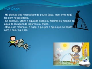 Na Rega:-Há plantas que necessitam de pouca água, logo, evite regá-las sem necessidade.-Se possível, utilize a água de poços ou ribeiros ou mesmo da água da lavagem de legumes ou frutos. -Regue de manhã ou á noite, é poupar a água que se perde com o calor ou o sol. 