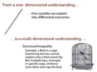 From a one- dimensional understanding…
                  •   One variable can explain
                      why differential outcomes.




    …to a multi-dimensional understanding….
        •   Structural Inequality
            –   Example: a Bird in a cage.
                Examining one bar cannot
                explain why a bird cannot fly.
                But multiple bars, arranged
                in specific ways, reinforce
                each other and trap the bird.
 