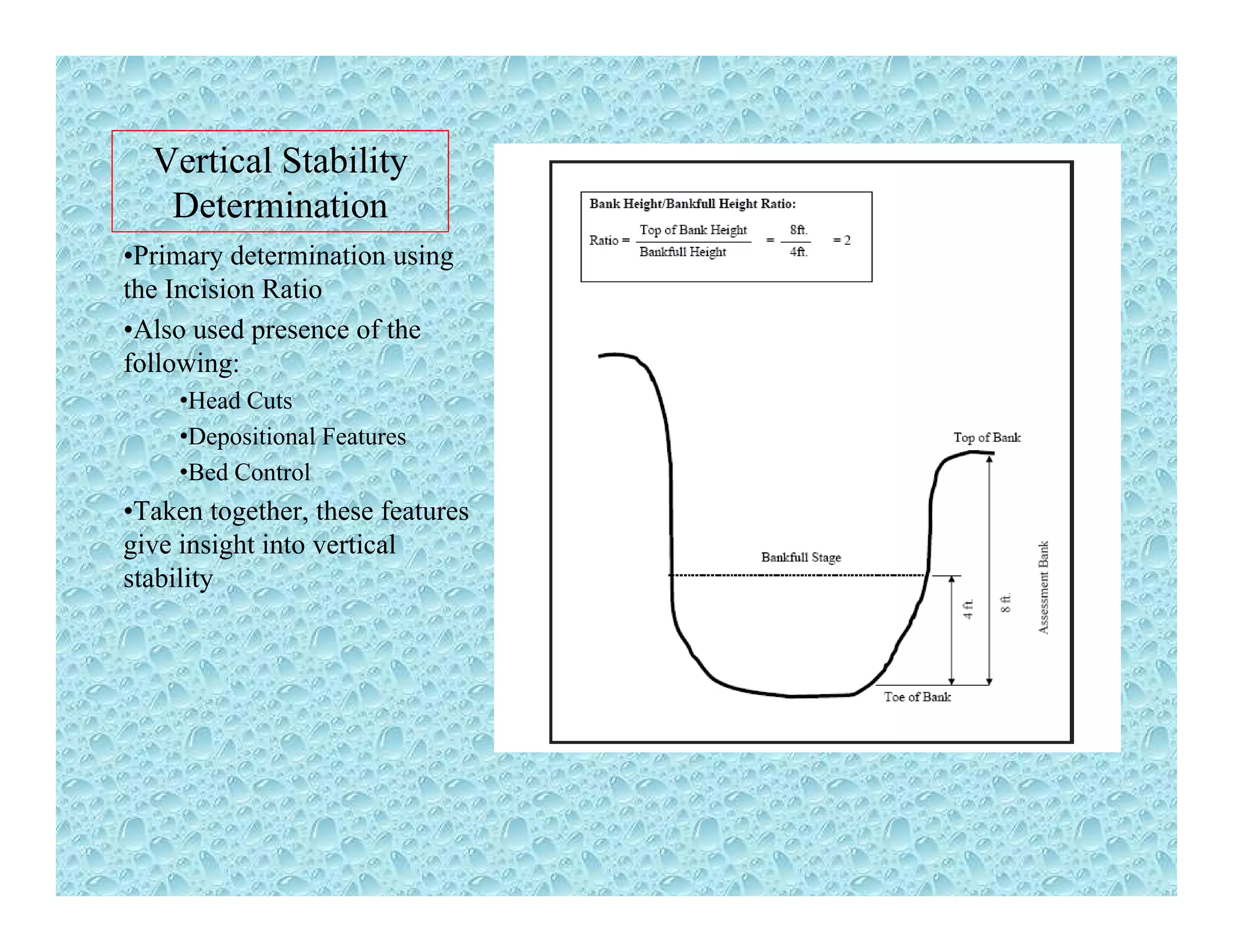 Vertical Stabilityy
Determination
•Primary determination using
the Incision Ratiothe Incision Ratio
•Also used presence of the
following:
•Head Cuts
•Depositional Features
•Bed Control
•Taken together, these features
i i i h i i lgive insight into vertical
stability
 