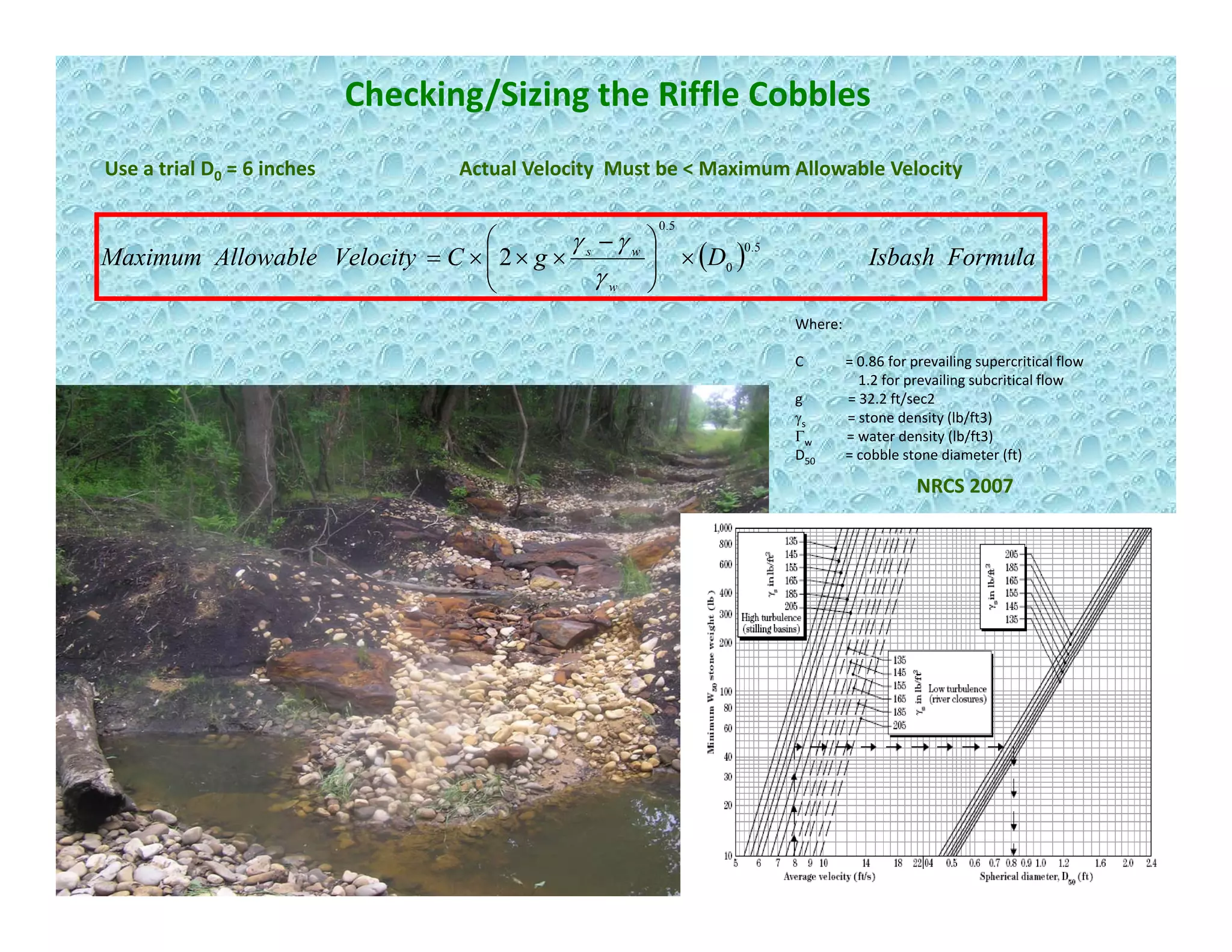 Checking/Sizing the Riffle Cobbles
Use a trial D0 = 6 inches Actual Velocity  Must be < Maximum Allowable Velocity
( ) FormulaIsbashDgCVelocityAllowableMaximum
w
ws 5.0
0
5.0
2 ×⎟⎟
⎠
⎞
⎜⎜
⎝
⎛ −
×××=
γ
γγ
0 y y
Where:
C            = 0.86 for prevailing supercritical flow 
1.2 for prevailing subcritical flow
g             = 32.2 ft/sec2
γ stone density (lb/ft3)γs                  = stone density (lb/ft3)
Γw               = water density (lb/ft3)
D50             = cobble stone diameter (ft)
NRCS 2007
 
