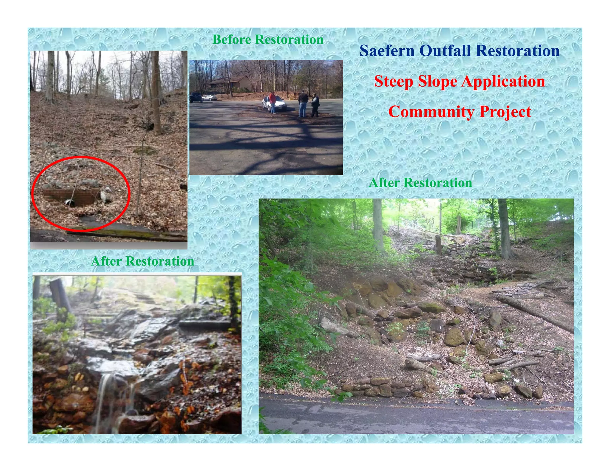 Before RestorationBefore Restoration
Saefern Outfall RestorationSaefern Outfall Restoration
Steep Slope ApplicationSteep Slope Applicationp p ppp p pp
Community ProjectCommunity Project
After RestorationAfter Restoration
After RestorationAfter RestorationAfter RestorationAfter Restoration
63
 