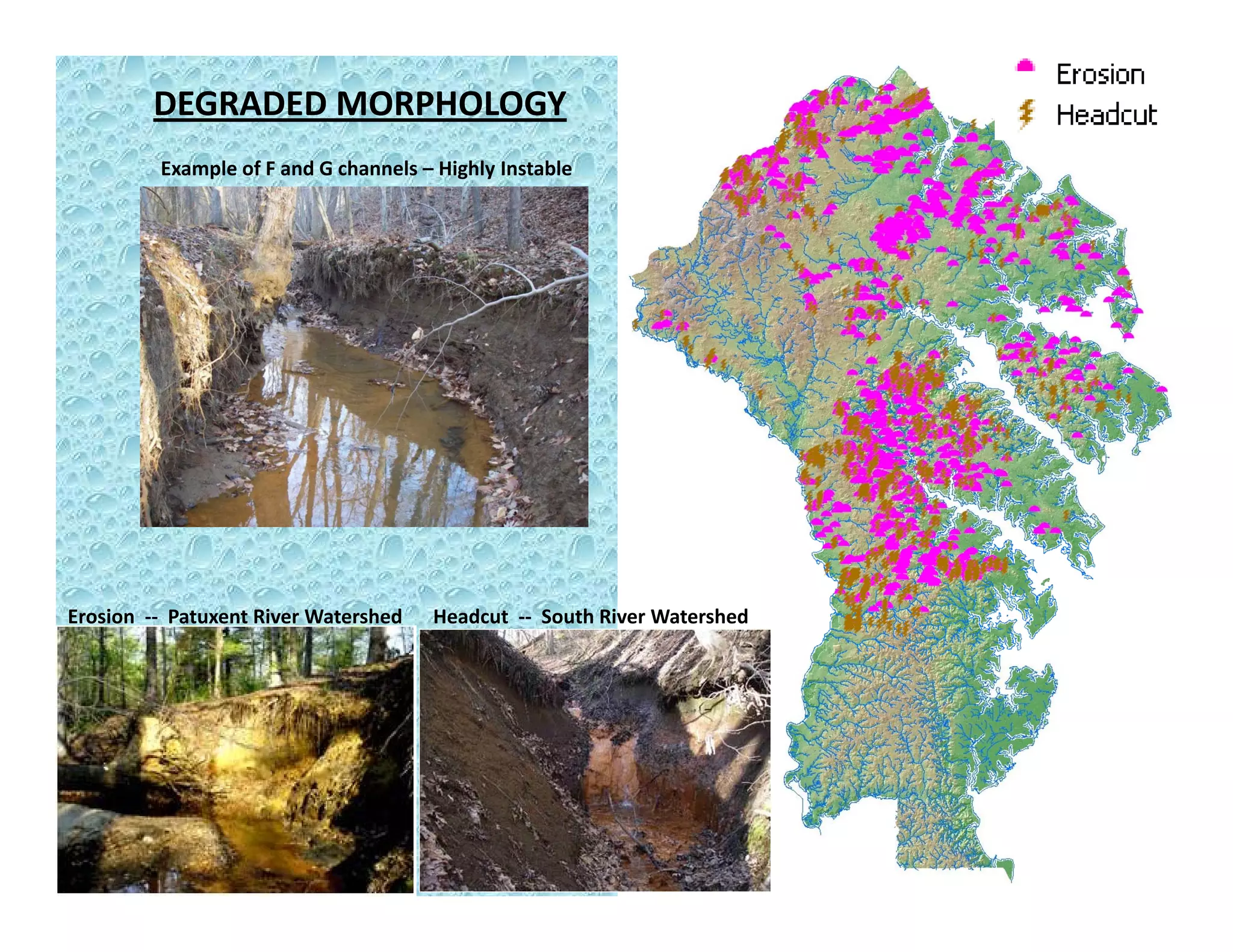DEGRADED MORPHOLOGY
Example of F and G channels – Highly Instablep g y
Erosion  ‐‐ Patuxent River Watershed Headcut  ‐‐ South River Watershed
 