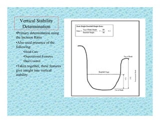 Vertical Stabilityy
Determination
•Primary determination using
the Incision Ratiothe Incision Ratio
•Also used presence of the
following:
•Head Cuts
•Depositional Features
•Bed Control
•Taken together, these features
i i i h i i lgive insight into vertical
stability
 