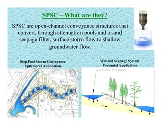 SPSC – What are they?
SPSC are open-channel conveyance structures that
convert, through attenuation pools and a sand
seepage filter s rface storm flo to shalloseepage filter, surface storm flow to shallow
groundwater flow.
Wetland Seepage System
Perennial Application
Step Pool Storm Conveyance
Ephemeral Application
 