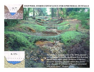 A, ??
STEP POOL STORM CONVEYANCE FOR EPHEMERAL OUTFALLS
B, 32% The physical characteristics of the SPSC channel
are best characterized by the Rosgen A or B stream
classification types, where “bedform occurs as a
step/pool, cascading channel which often stores
large amounts of sediment in the pools associated
with debris dams” (Rosgen, 1996).
 